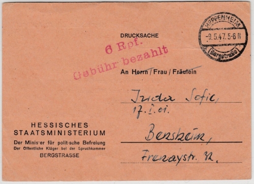 All.Bes. - 6 Rpf. Gebühr bezahlt, roter L2 a. Karte Heppenheim - Bensheim 1947