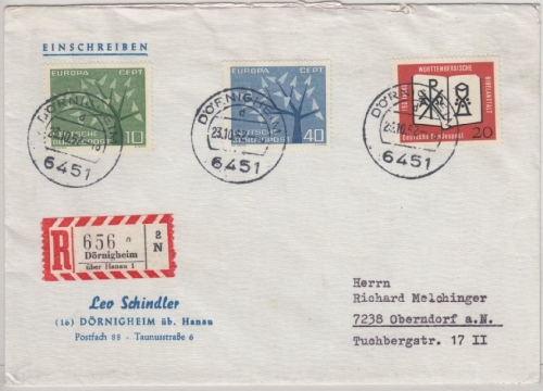 BRD - Dörnigheim ü. Hanau, Poststelle I, Einschreibebrief n. Oberndorf 1962