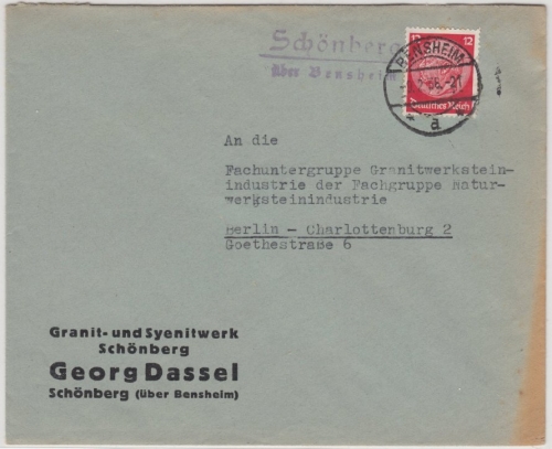 DR - Schönberg ü. Bensheim, LandpoststellenL2 a. Brief n. Berlin 1938
