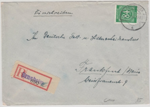 All.Bes./Kontrollrat - 84 Pfg. Ziffer Einschreibebrief Bensheim - FFM 1946