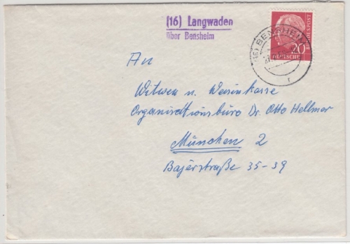 BRD - (16) Langwaden ü. Bensheim Landpost-L2 Brief n. München 1959