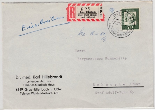 BRD - Gras-Ellenbach ü. Waldmichelbach, Poststelle I, Einschreibebrief 1962 n.