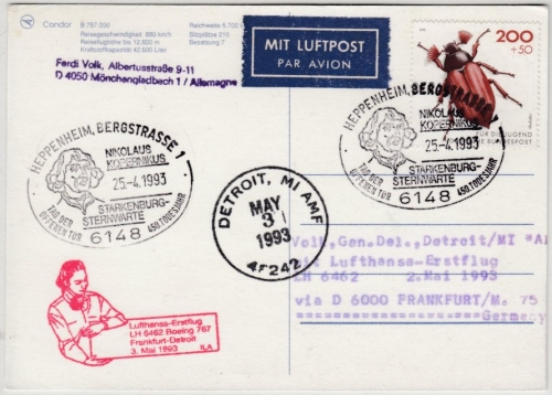 BRD - Heppenheim 1993 SST Starkenburg Sternwarte Kopernikus Lupo-Karte n. USA