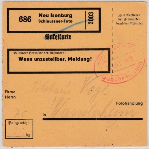 DR - Neu-Isenburg 1941 Gebühr bezahlt Selbstbucher-Paketkarte (Schleussner Foto)
