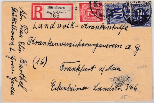 AM-Post - Büttelborn ü. Groß-Gerau Poststelle I Einschreibebrief n. FFM 1946
