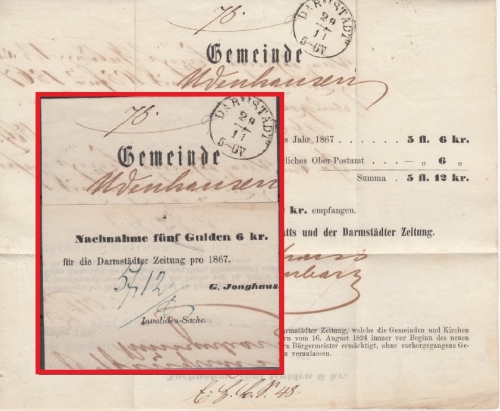 Thurn & Taxis - Darmstadt 1866 K1 Nachnahme Faltbrief n. Udenhausen mit Inhalt