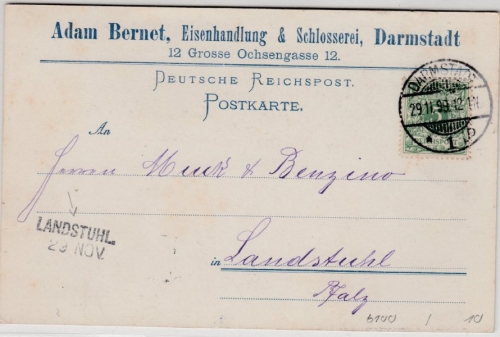 Bayern - Landstuhl 23 NOV (1899) Aushilfsstempel L2 Ank.stpl. Karte v. Darmstadt