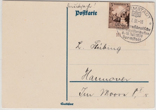 DR - Darmstadt 1938, SST 1. Grossdeutsche Schwimmeisterschaften, Drucks.karte