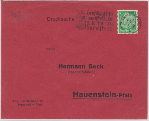 DR - Darmstadt 1938, 1. Grossdeutsche Schwimmeisterschaften, Masch.werbestpl.