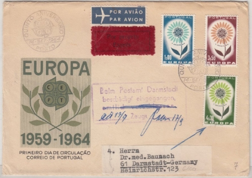 Portugal - Europa 1964, Schmuck-FDC/Lupo-Eilbrief, Beschädungshinweis