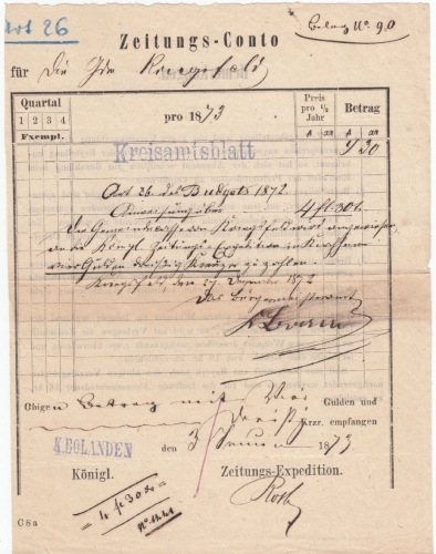Bayern - K. Bolanden (Kirchheimbolanden), viol. L1 a. "Zeitungs-Conto" 1873