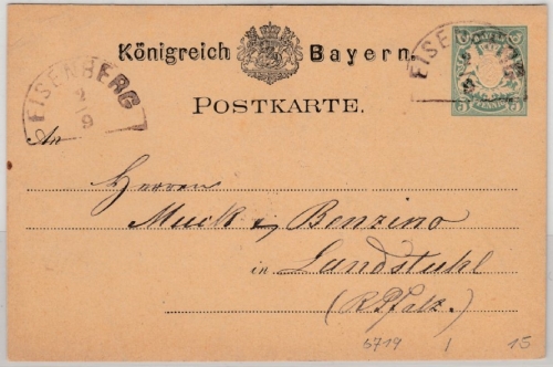 Bayern - Eisenberg (1878), HKS a. 5 Pfg. Wappen GA-Karte n. Landstuhl (HKS)