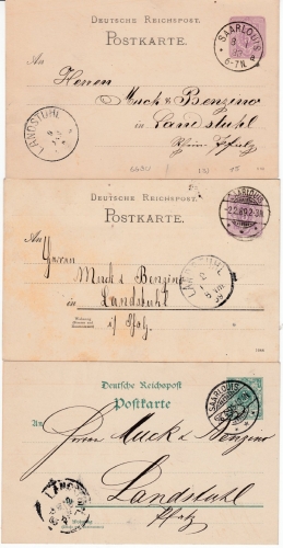 DR - Saarlouis, 3 versch. Stempeltypen a. 3 GA-Karten 1883/95