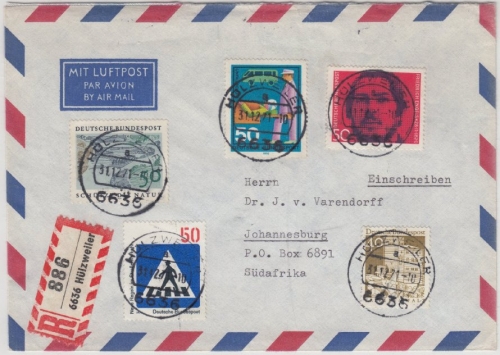 BRD - Hülzweiler 1971 Luftpost Einschreibebrief n. SÜDWESTAFRIKA 1971