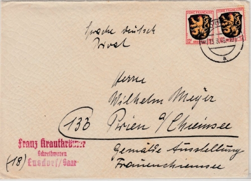 Saar - 2x12 Pfg. FZ-Allg./Wappen, Brief Ensdorf - Prien 13.8.46 - ohne Inhalt
