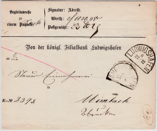 Bayern - Ludwigshafen (1862), HKS a. Paketbegleitzettel n. Mimbach