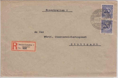 DR - 2x20 Pfg. Korbdeckel, Einschreibebrief Friedrichshafen - Stuttgart 1924