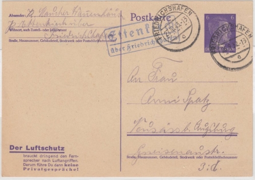 DR - Ettenkirch ü. Friedrichshafen Landpost Ra2 6 Pfg. GA-Karte 1943 n.