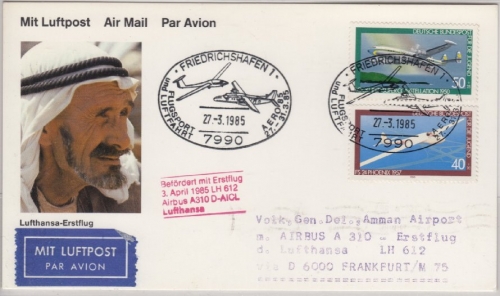 BRD - Friedrichshafen AERO'85, SST a. LpKarte/LH-1st-Flug Zuleitung n. JORDANIEN