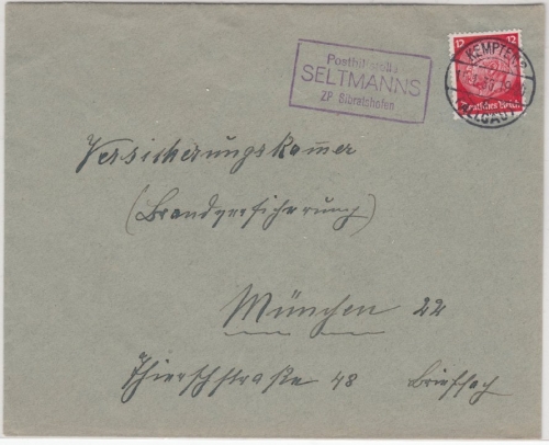 DR - Posthilfstelle Seltmanns ZP Sibratshofen, Ra3 a. Brief n. München 1936