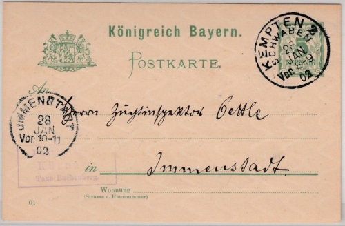 Bayern - Kürnach T. Buchenberg, Posthilfstellen-Ra3 5 Pfg. GA-Karte Kempten 1902