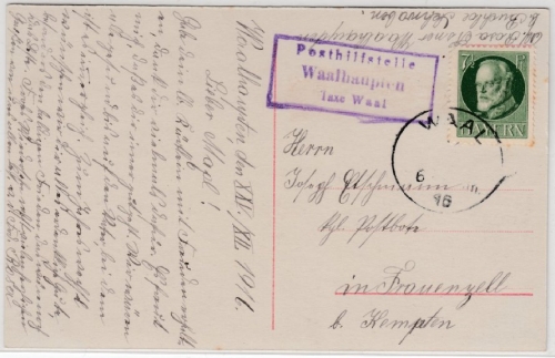 Bayern - Waalhaupten T. Waal, Posthilfstellen-Ra3 a. Karte n. Frauenzell 1916