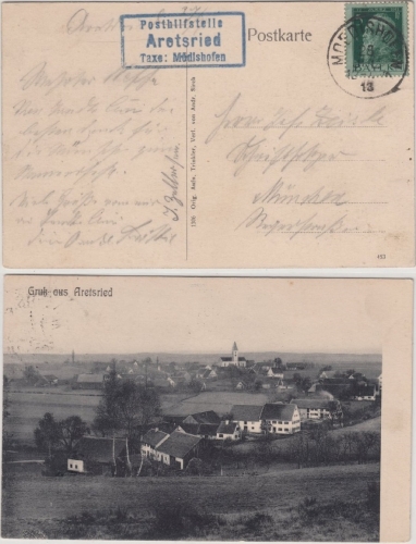 Bayern - Aretsried T. Mödishofen, Posthilfstellen-Ra3 a. entspr. sw-AK 1913 n.