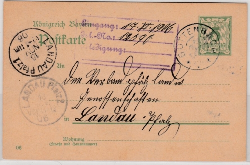 Bayern - Bottenbach 1906 seltener K2 5 Pfg. Ganzsache n. Landau