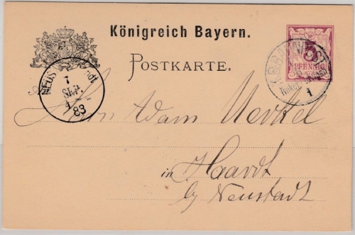 Bayern - Bahnpost Nnkchn-Ldwgsh, K1 a. 5 Pfg. GA-Karte Zweibrücken - Haardt 1882
