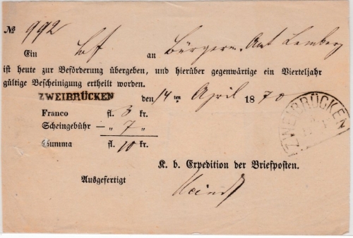 Bayern - Zweibrücken, L1 + HKS a. Aufgabeschein f. Chargebrief n. Lemberg 1870