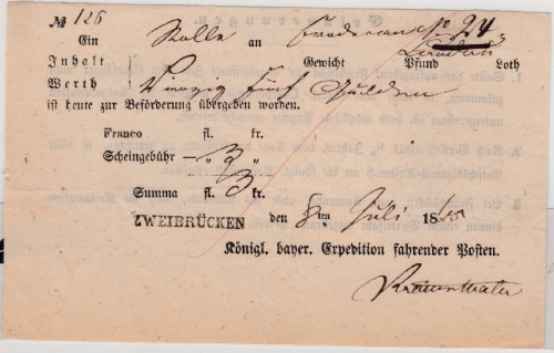Bayern - Zweibrücken, L1 a. Fahrpost-Aufgabeschein f. Wertpaket n. Landau 1865
