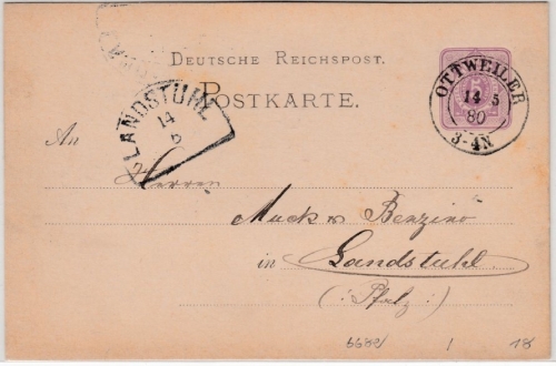 DR - Ottweiler 1880, K2 a. 5 Pfg. GA-Karte n. Landstuhl (HKS)