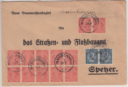DR-Infla - 12x1+2x2 M. Dienst, Brief Maximiliansau - Speyer 1922