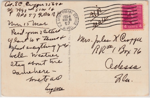 BRD/USA - Luftpostkarte APO 57 (AK Speyer) n. Odessa (USA) 1954