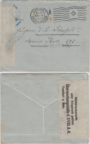 Schweiz/DR - Feldpostbrief Zensurverschluss Frankfurt 1917 an Mun.Kol.375