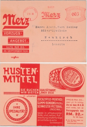DR - 3 Pfg. AFS "Merz" (Pharma) illustr. Werbekarte Frankfurt a.M. Neukirch 1930