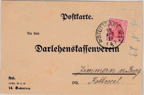 DR - 10 Pfg. Germania Perfin "K" Karte Stuttgart Zimmern 18.4.1919 Firmenlochung