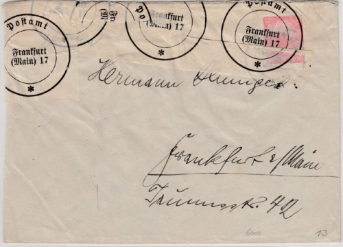 DR - Postamt Frankfurt (Main) 17, Klebevignetten a. beschädigtem Brief ca. 1936