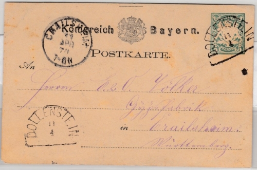 Bayern - Dollenstein 11/4 HKS 2x a. 5 Pfg. Ganzsache n. Craislheim 1878