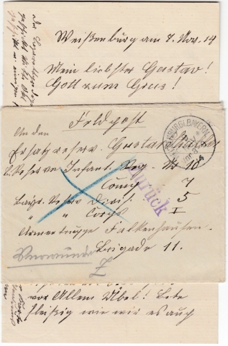 Bayern - "Zurück - verwundet", Feldpostbrief v. Weissenburg 1914 ins Feld
