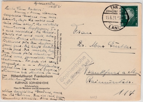DR - Sophienhöhe Tann (Röhngeb.) Land, Landpost Ra2 Karte n. Frankfurt a.M. 1931