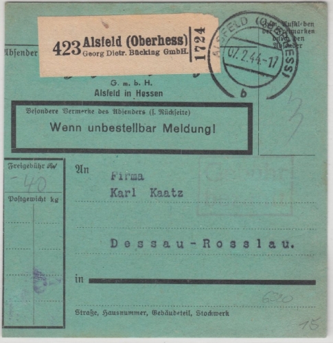 DR - Gebühr bezahlt Ra2 Postgut-Paketkarte (Selbstbucher) Alsfeld - Dessau 1944