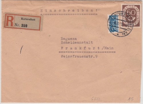 BRD - 60 Pfg. Posthorn, Einschreibebrief Katzenfurt - Frankfurt a.M. 1953