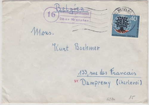 BRD - (16) Waldhof-Elgershausen ü. Wetzlar, Landpost-Ra2 a. Brief n. FRANKREICH