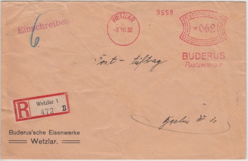 DR - 62 Pfg. AFS "Buderus", Postauftrag Wetzlar - Berlin 1932, Selbstbucher