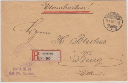 DR - Frei d. Ablösung Nr. 21 Einschreibebrief Dillenburg - Burg 1920, o. Inhalt