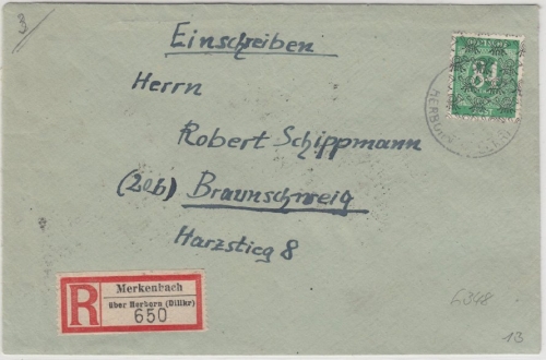 Bizone - 84 Pfg. Ziffer/Netz, Einschreibebrief Merkenbach ü. Herborn 1948 n.