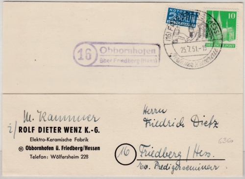 Bizone - (16) Obbornhofen ü. Friedberg Landpost Ra2 Karte n. Friedberg 1951