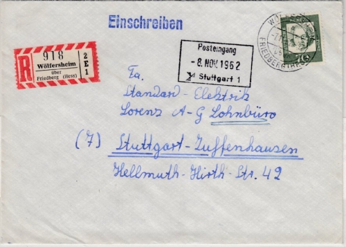 BRD - Wölfersheim ü. Friedberg, Poststelle I Einschreibebrief n. Stuttgart 1962