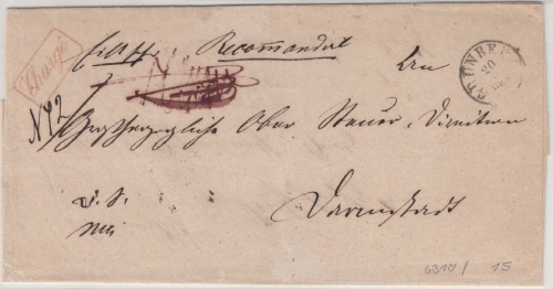 Thurn & Taxis - Grünberg, K1 u. roter Ra1 Charge a. Einschreibebrief ca. 1860